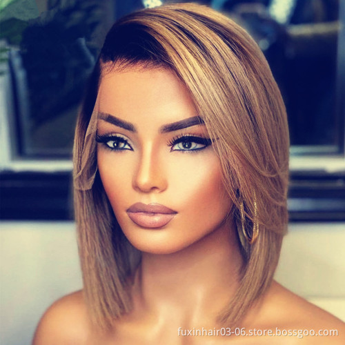 Buy Highlight 1b Honey Brown Color Straight Full Lace Bob Pixie Cut Straight Human Hair Short Lace Front Wigs for Black Women